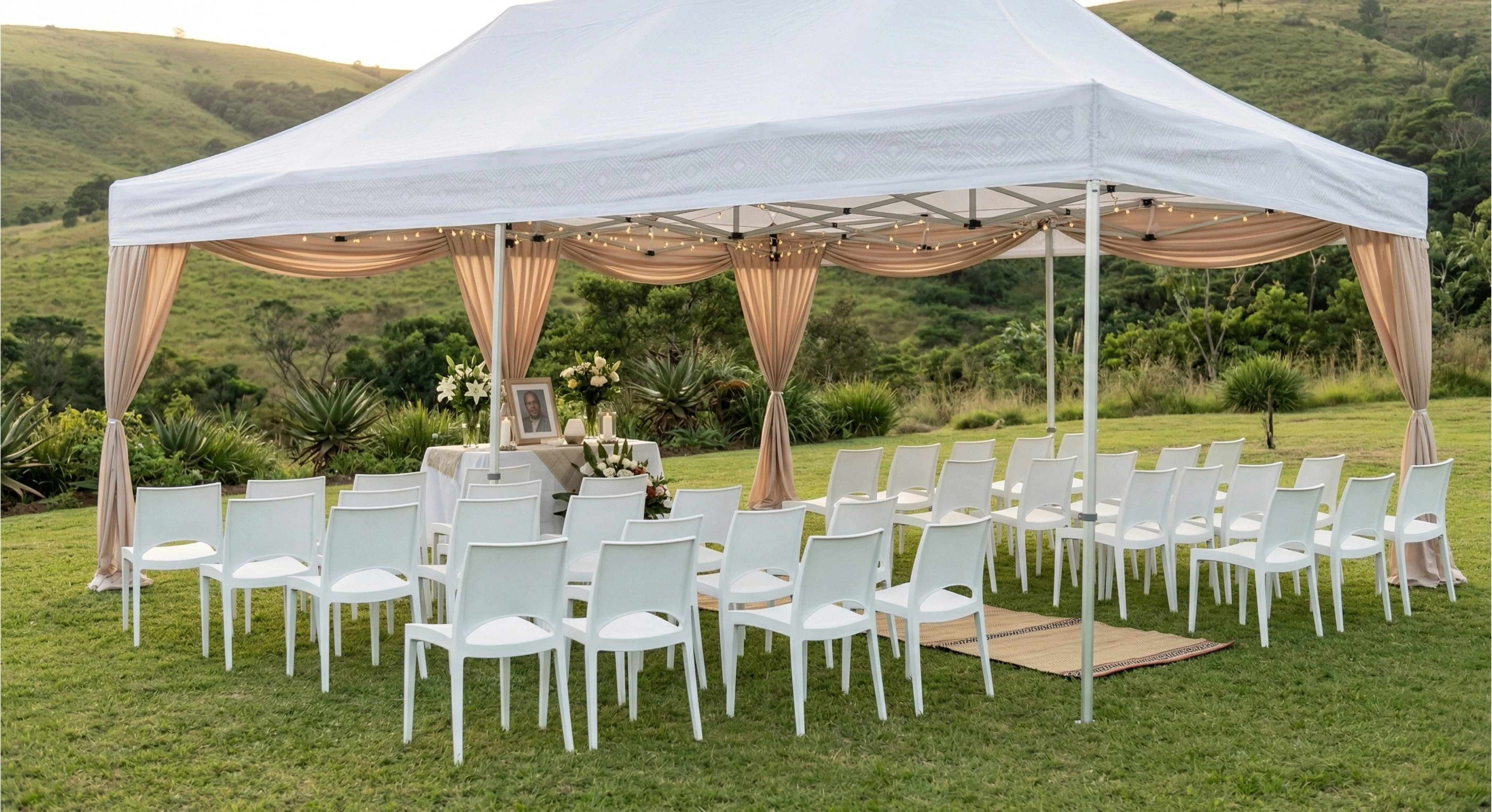 Dignified tent setup for a funeral service with seating for mourners