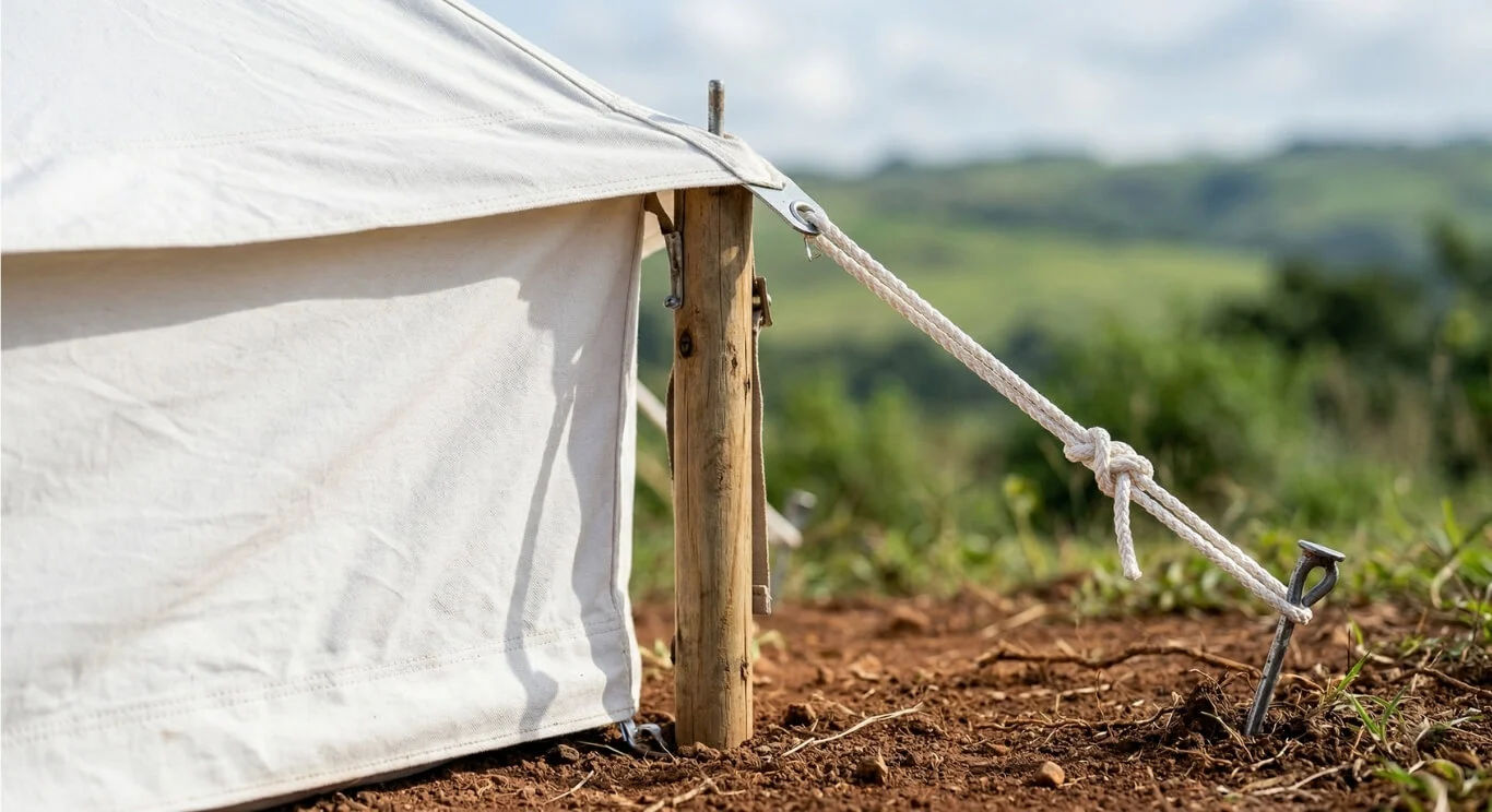 Close-up detail of a two-pole tent by Luvo Events