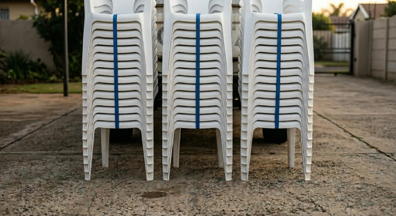 Stacked event chairs ready for hire by Luvo Events in Durban