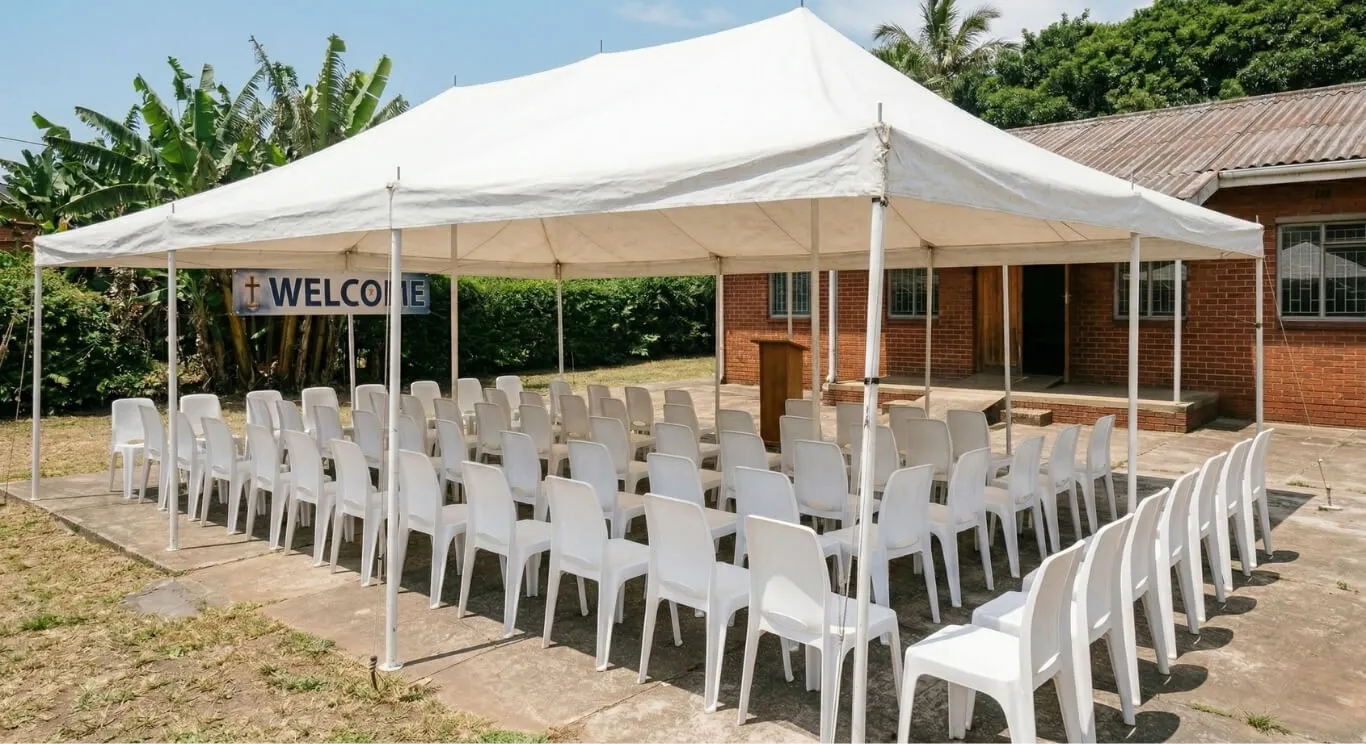 Large community gathering tent setup for a church event in Durban