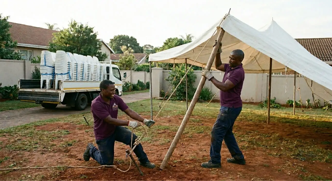 Luvo Events crew setting up event equipment in KwaZulu-Natal