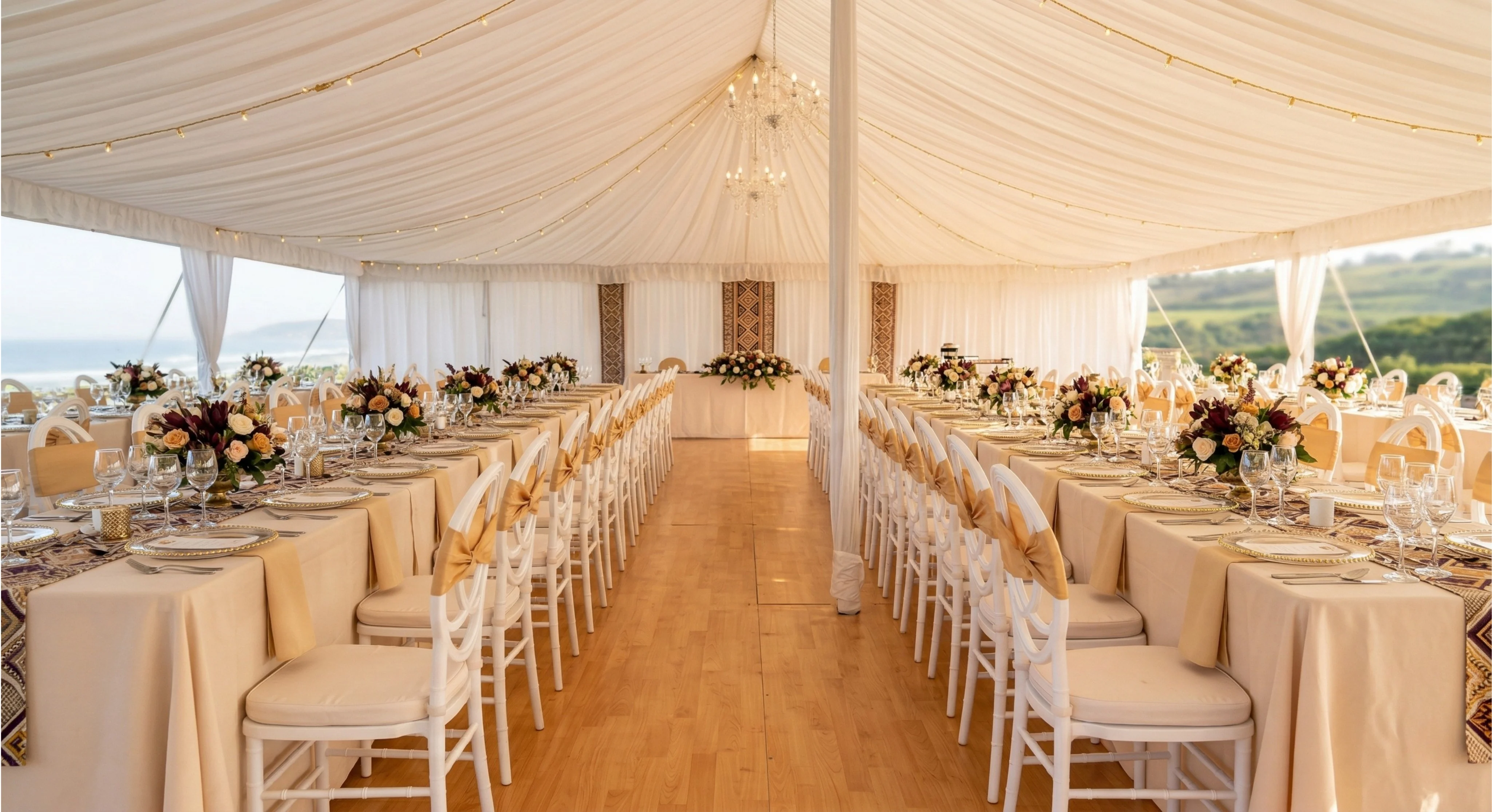 Elegant white marquee tent set up for a wedding reception in Durban