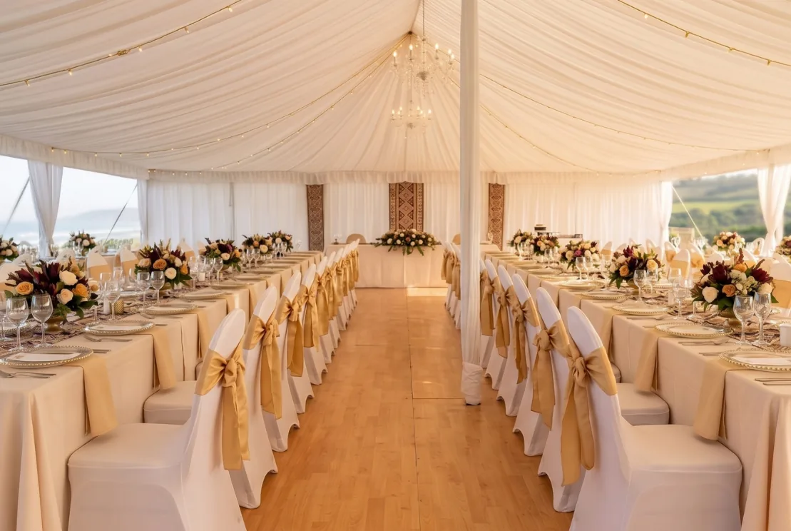 Plastic chairs dressed in white covers for a wedding or formal event in Durban