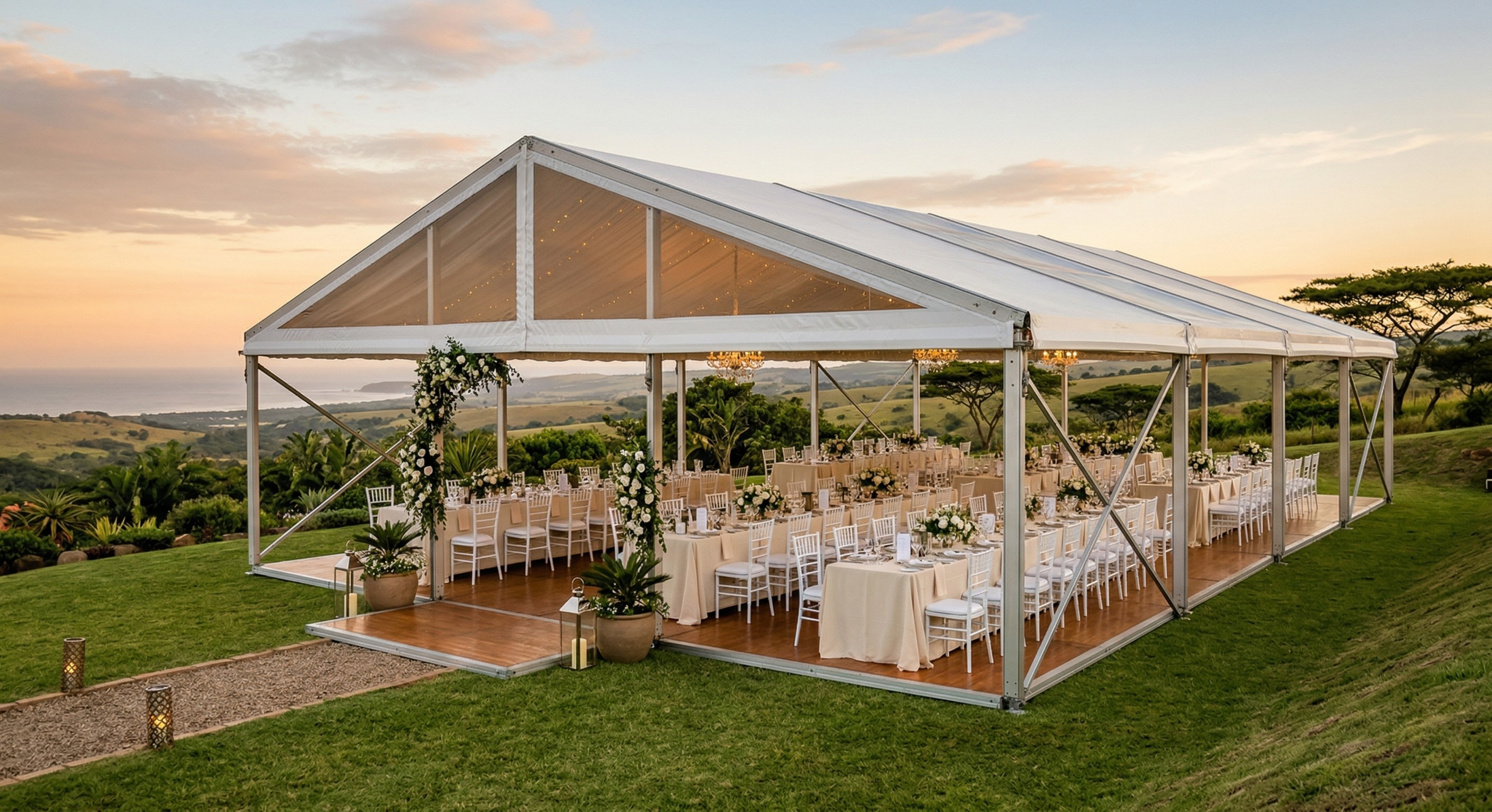 Elegant frame tent reception setup at sunset overlooking KZN coastline