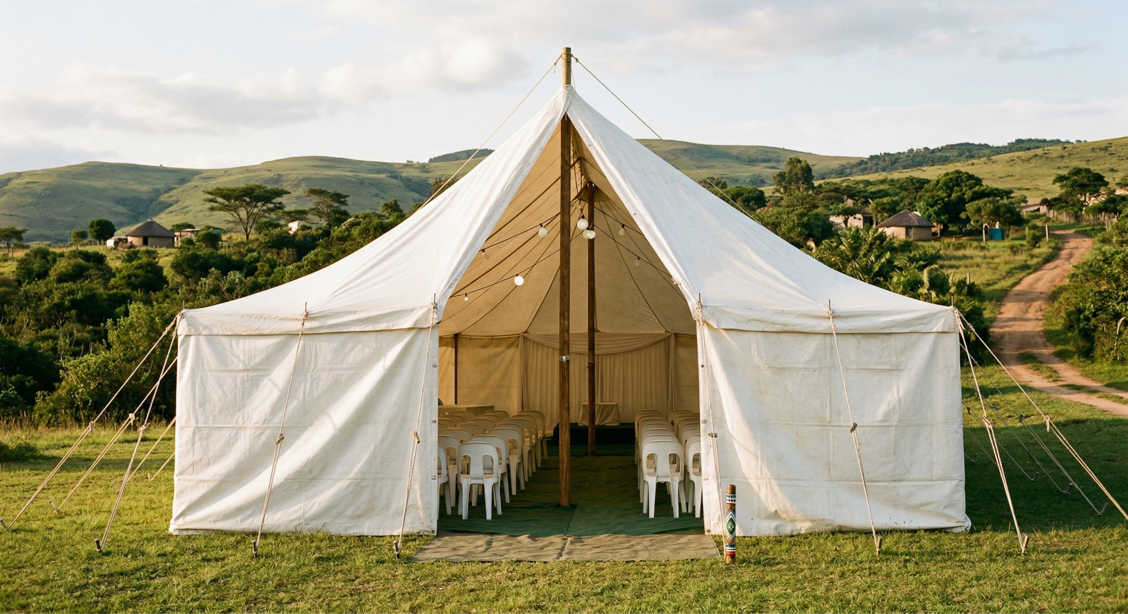 Two-pole white marquee tent setup in KwaZulu-Natal